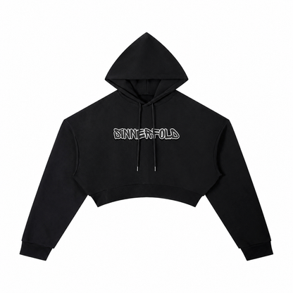 black cropped hoodie with white letters in graffiti