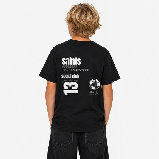 model with black saints tee on 