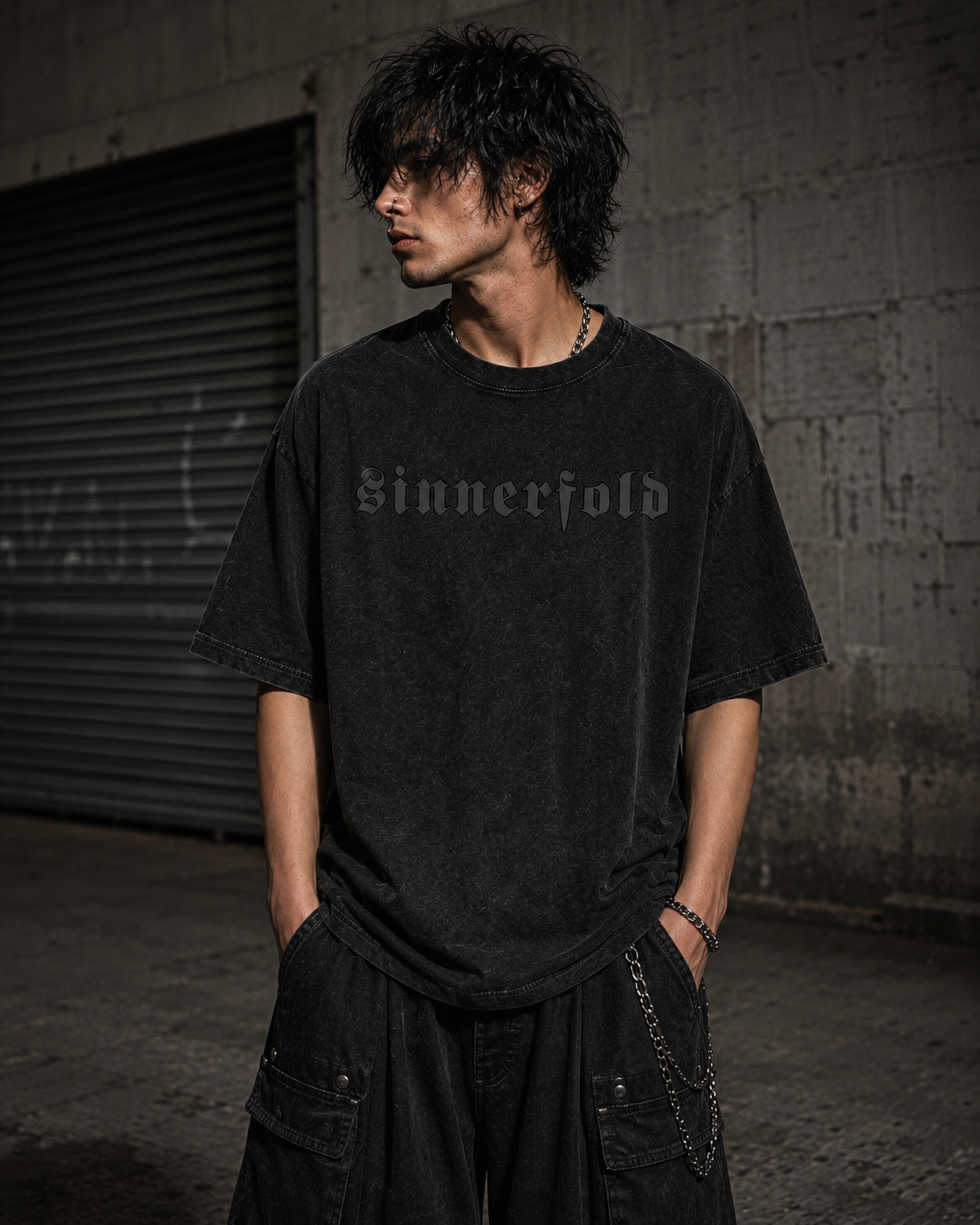 Person wearing a black t-shirt with 'Sinnerfold' text in an urban setting