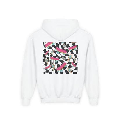 White hoodie with a colorful geometric pattern on the back against a white background