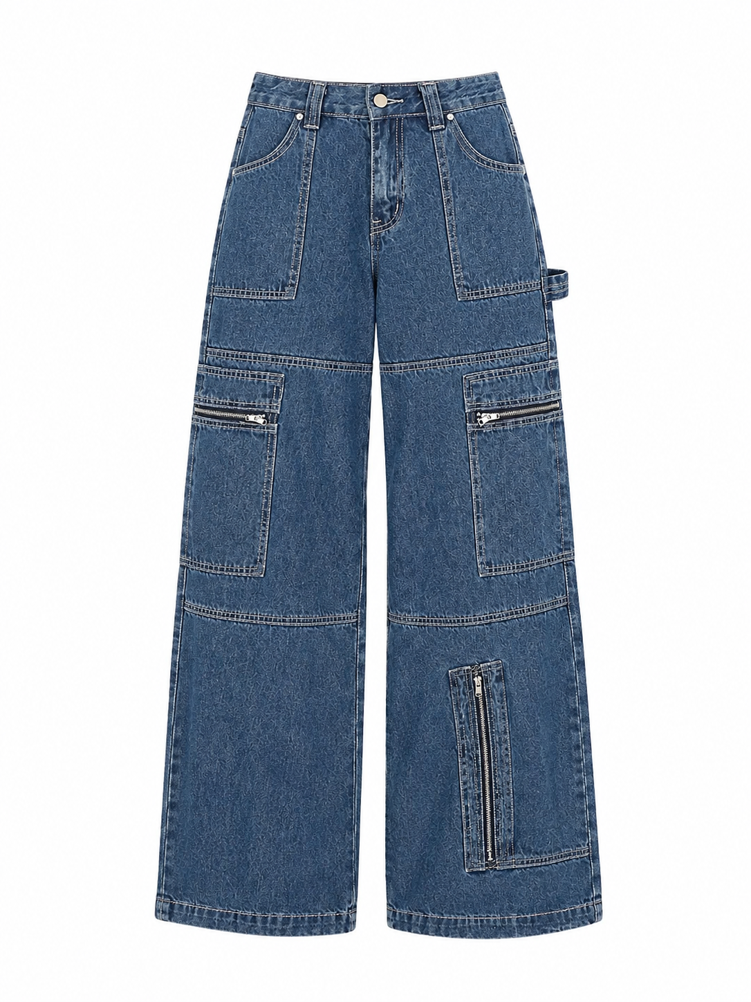 Blue denim cargo pants on a white background