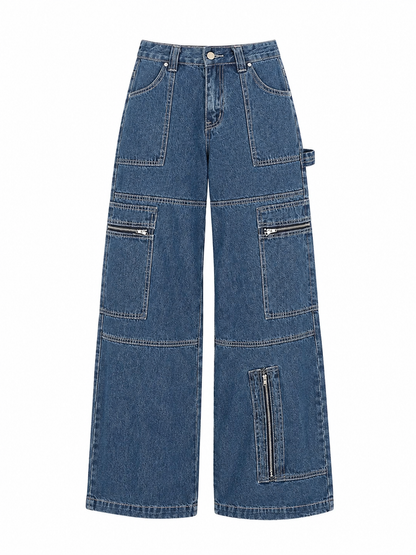 Blue denim cargo pants on a white background