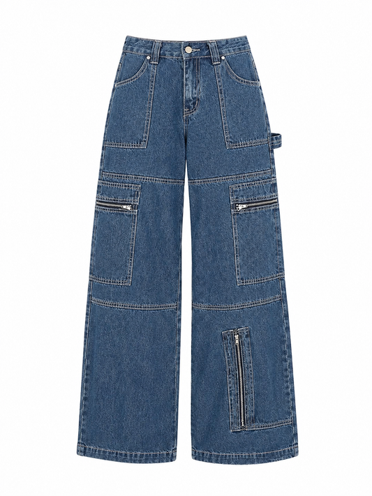 Blue denim cargo pants on a white background